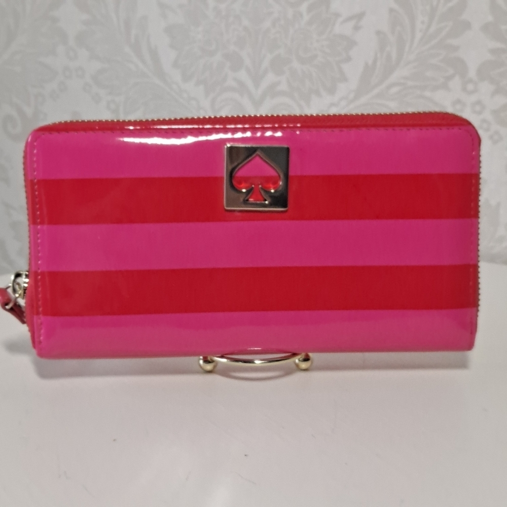 Kate Spade Long Zip Around Wallet red/Pink Stripes NWOT